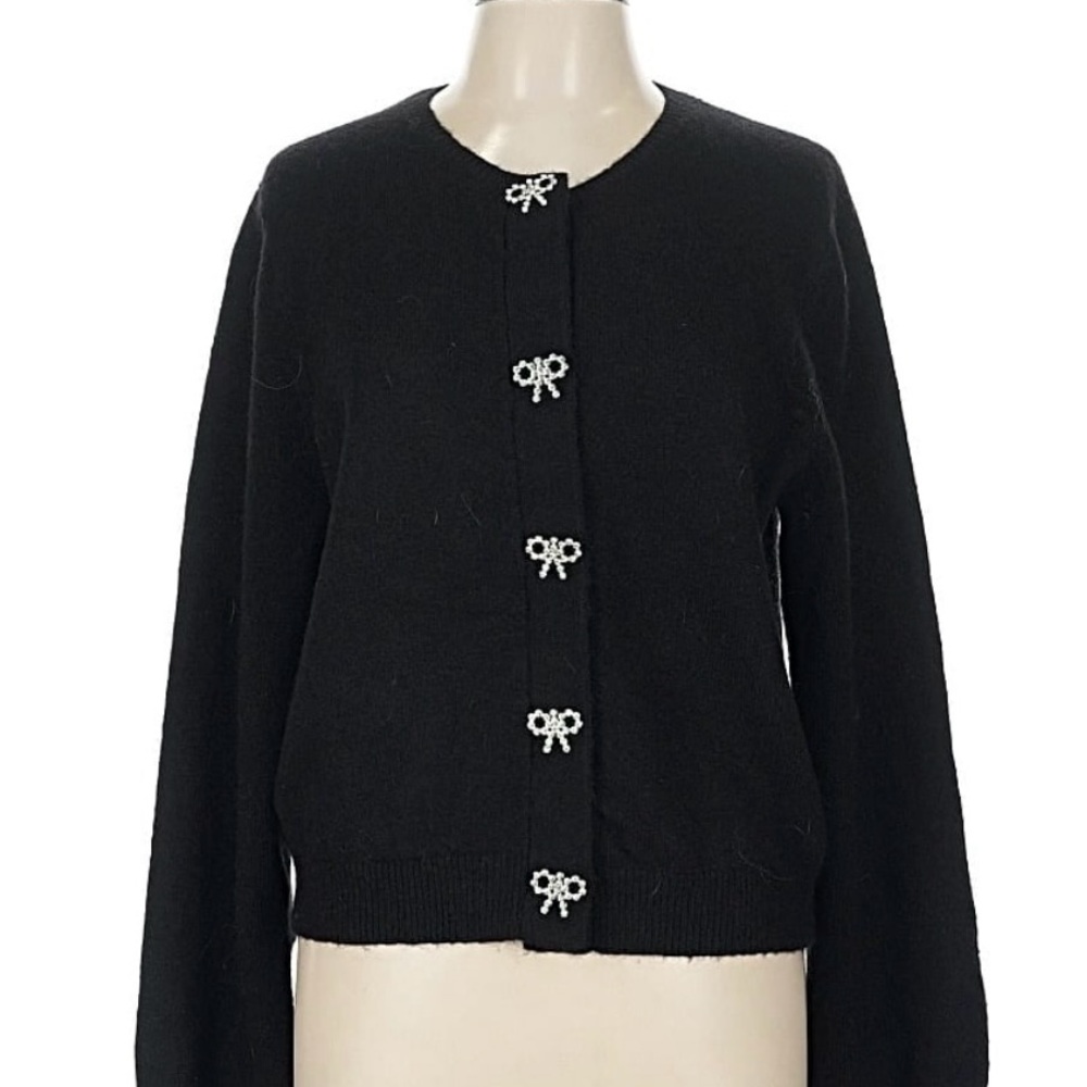 Ann Taylor Black Cardigan with Rhinestone Bow Accents